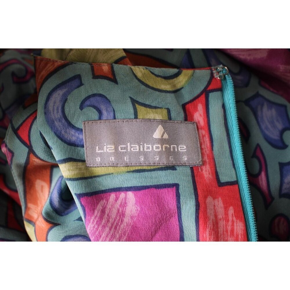 Vintage 80s Liz Claiborne Dress Size 6 Colorful Print Silk Drop Waist Pleat Hem - Picture 5 of 6